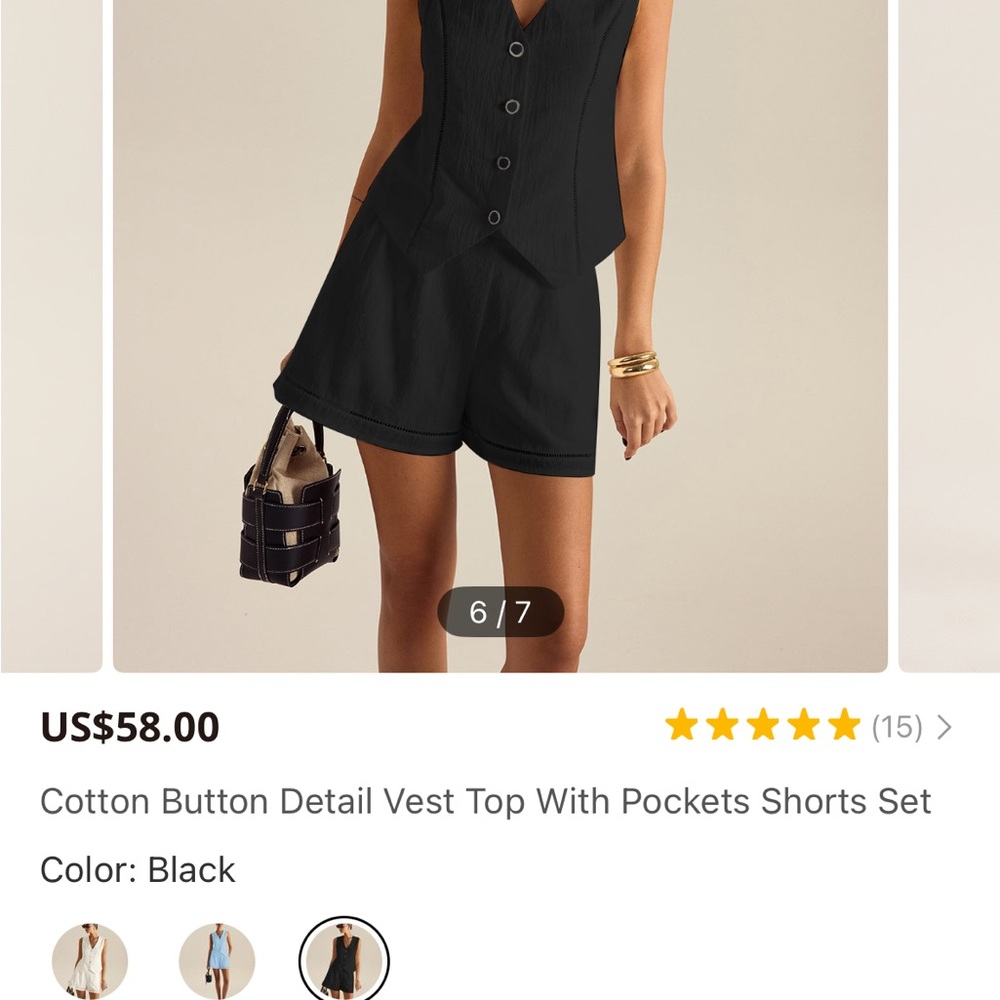 Commense Black Sleeveless Buttoned Vest and Shorts Set - Picture 2 of 2